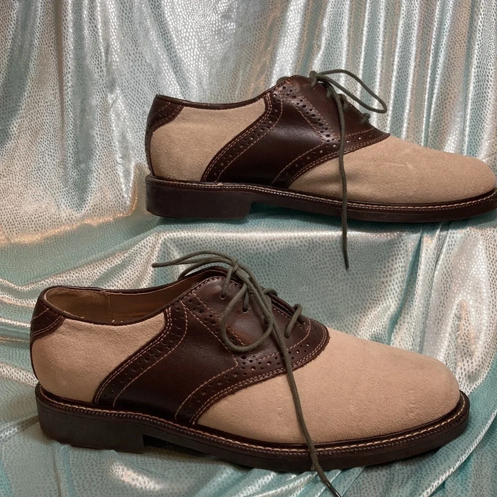 Bass Gosselin golf shoes. Wing tip style‎ suede and leather. 9.5m. Box 10